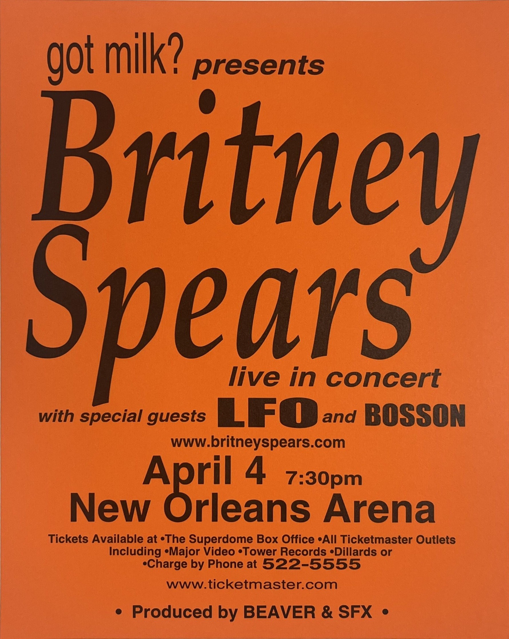 Got Milk presents Britney Spears live in concert, New Orleans Arena, April 4 2000 orange telephone-pole poster