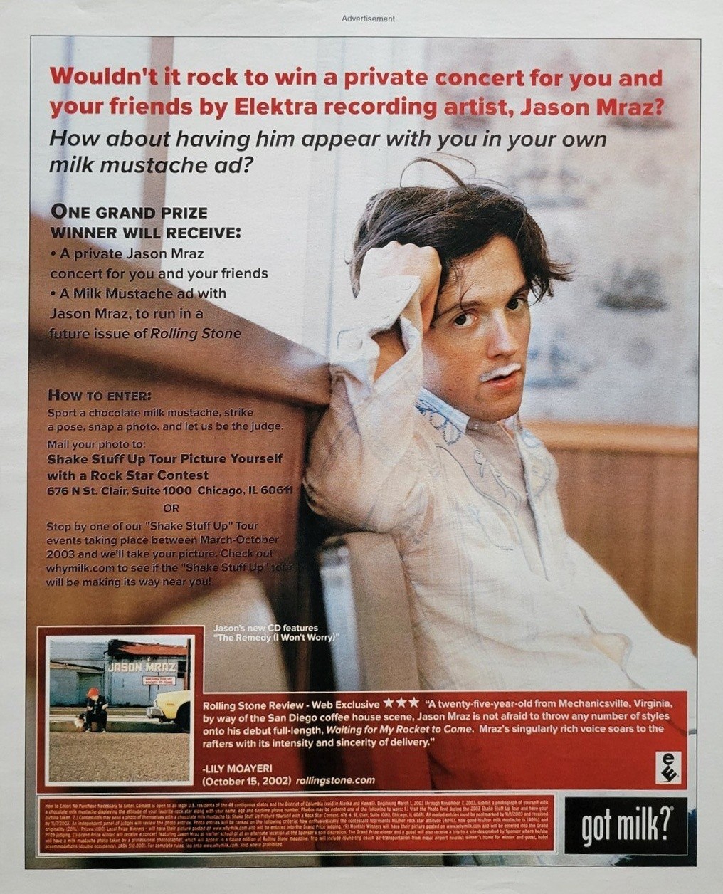Jason Mraz — got milk? “Shake Stuff Up” Milk Rocks Road Trip contest ad (2003)